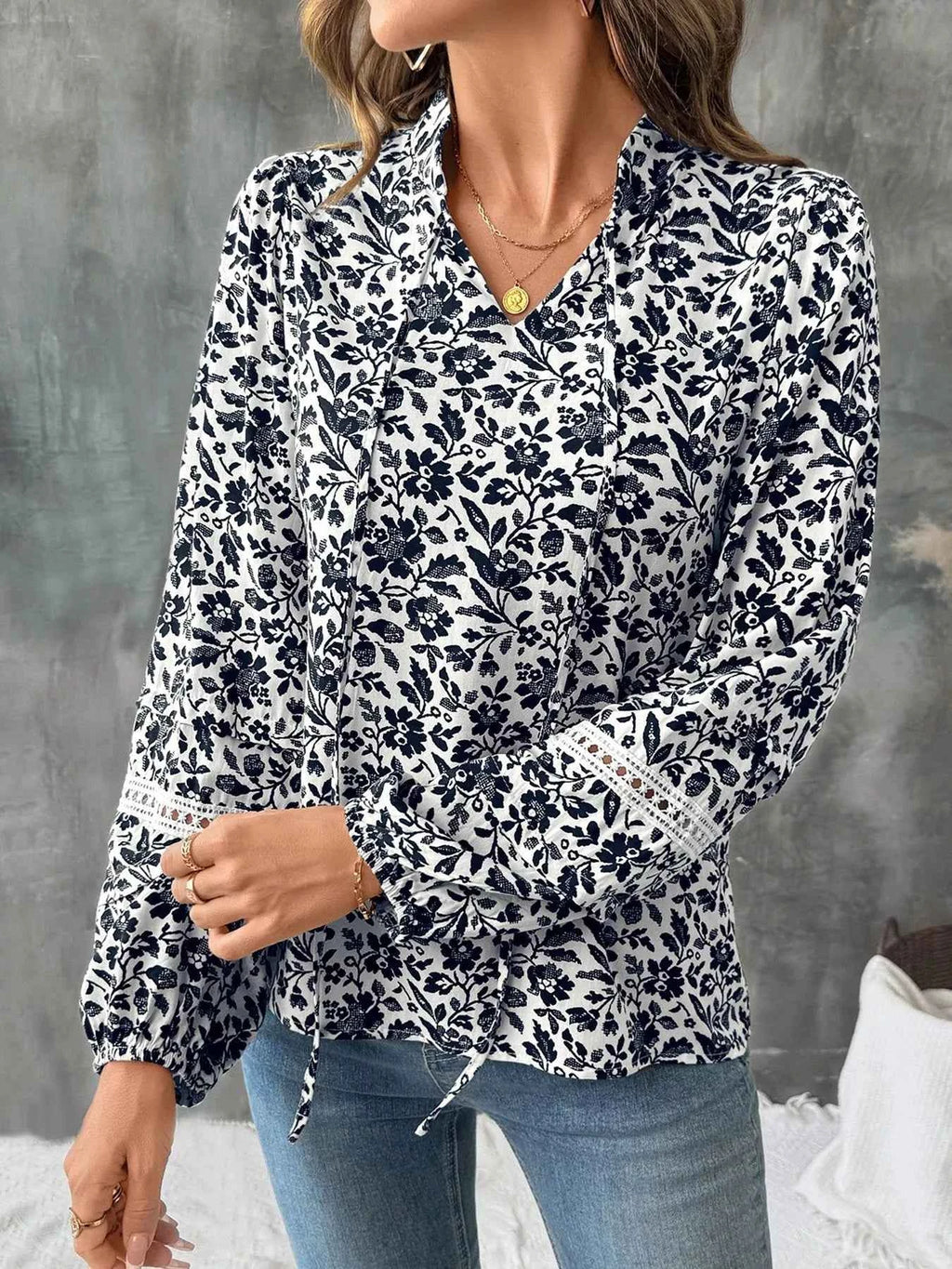 Printed Tie Neck Long Sleeve Blouse b28900094443493fb53bcbeec48b752b-Max-Origin