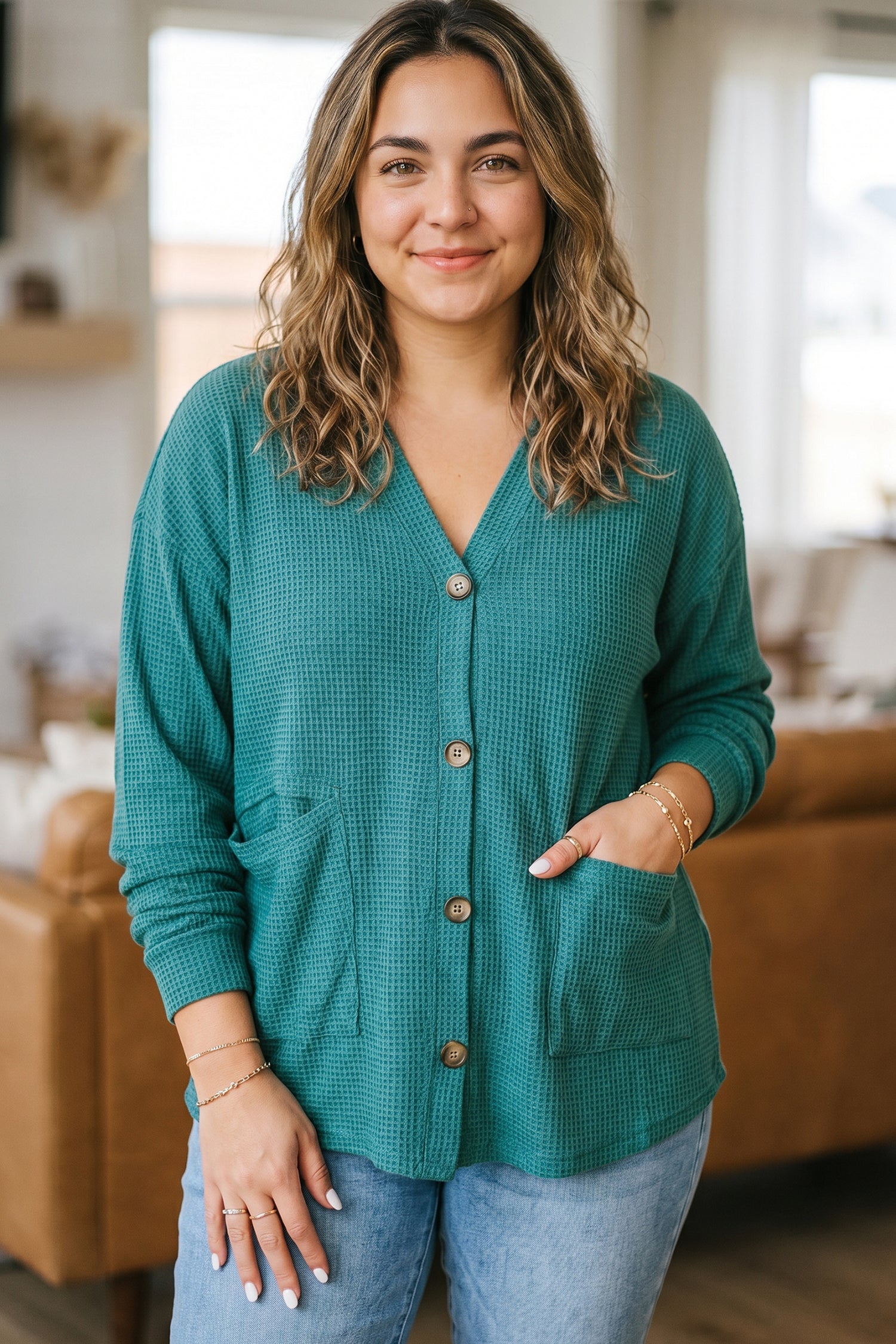 Lapis V Neck Waffle Textured Button Front Tunic Long Sleeve Plus Size Cardigan b28b5758d23e549d