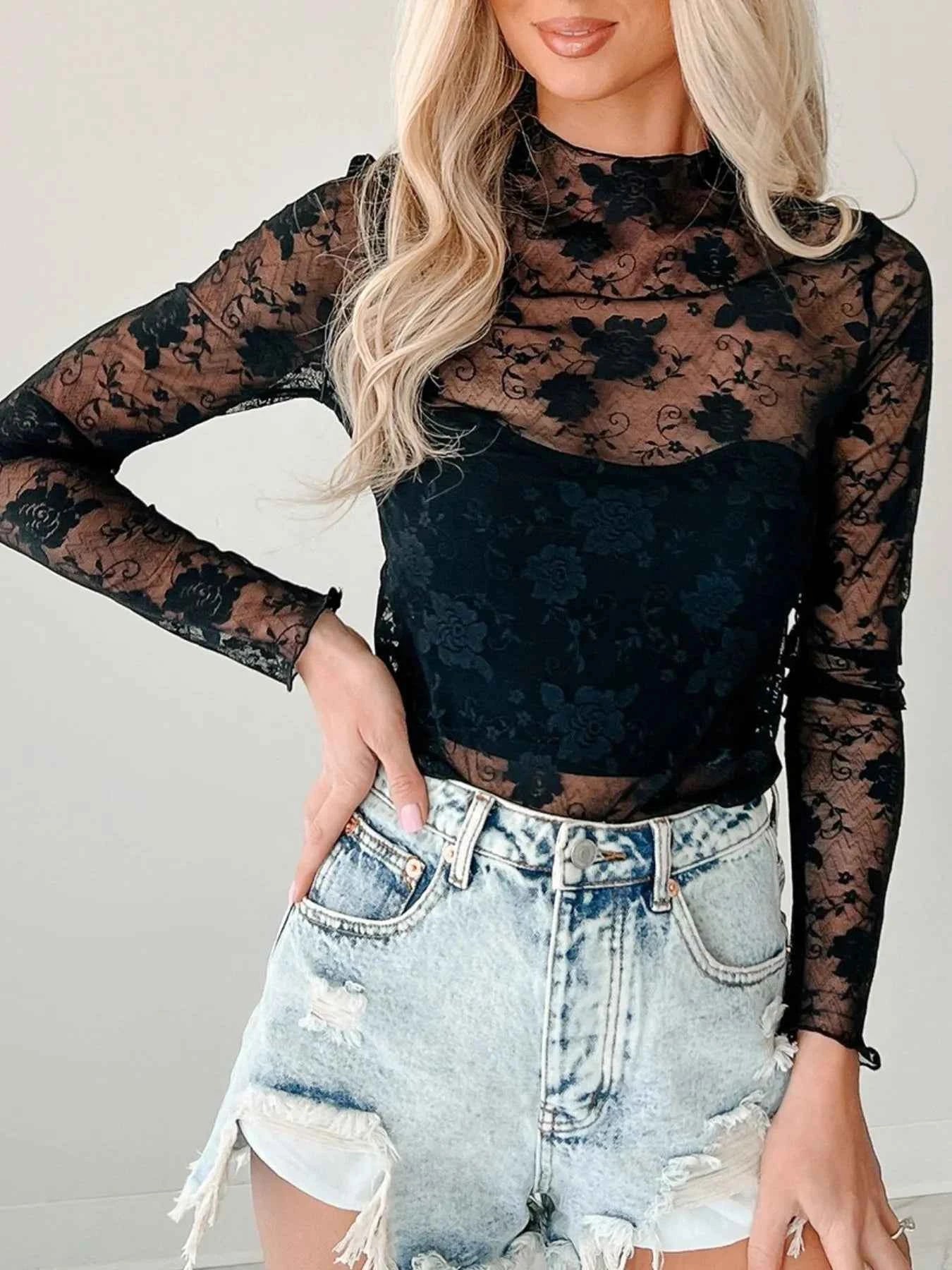 Lace Mock Neck Long Sleeve Blouse b2904e5e-5051-429d-8921-f399eeec6cf6-Max-Origin