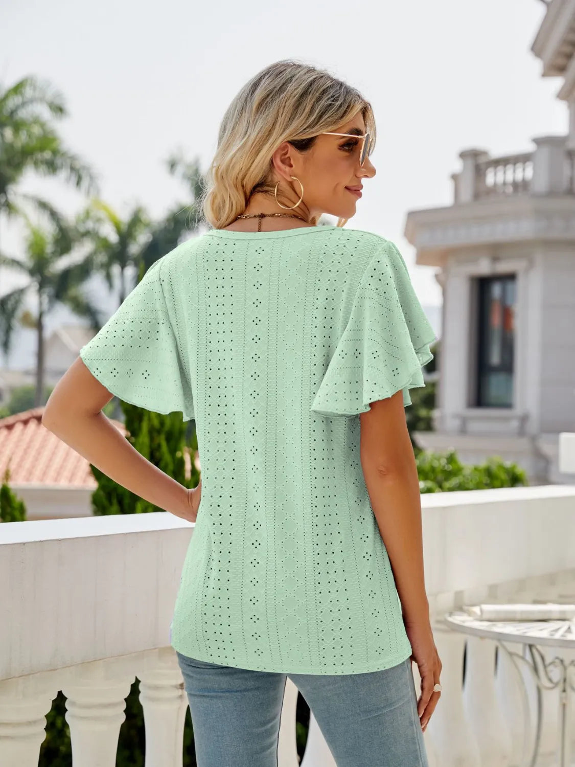 Eyelet Round Neck Flutter Sleeve T-Shirt b2912586-13e6-4b84-a8a0-cff918b39200-Max-Origin