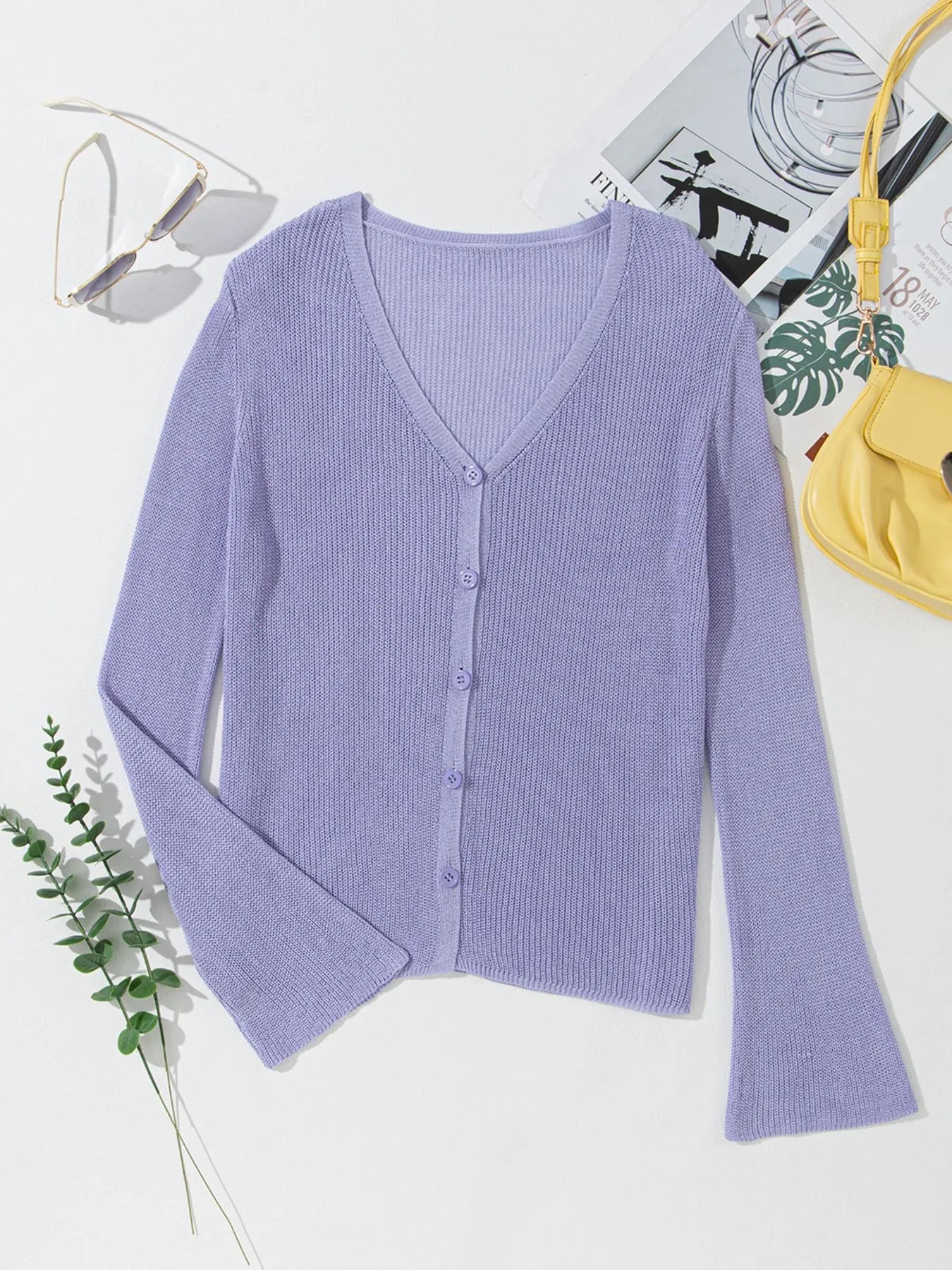 Lightweight V Neck Button Front Bell Sleeve Cardigan b2943f94-88dd-464f-8b48-1703e8ef665e-Max-Origin