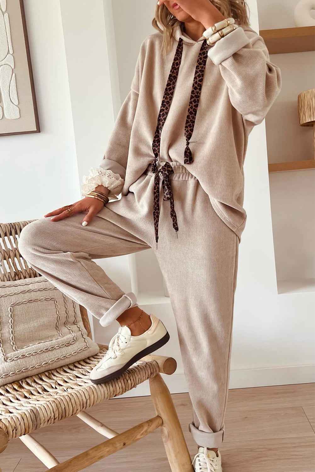 Jet Stream Drawstring Pullover Hoodie and High Waist Pants Corduroy Suit Parchment 42.5%Polyester+40%Viscose+16%Polyamide+1.5%Elastane b296d396a7f54a0b