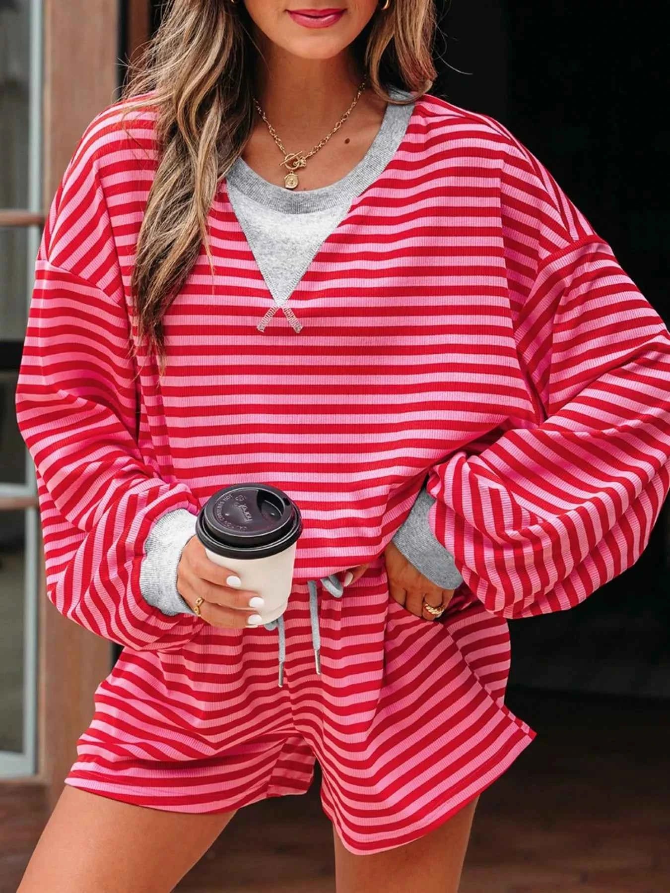 Stripe Drop Shoulder Baggy Top and Shorts Casual Set