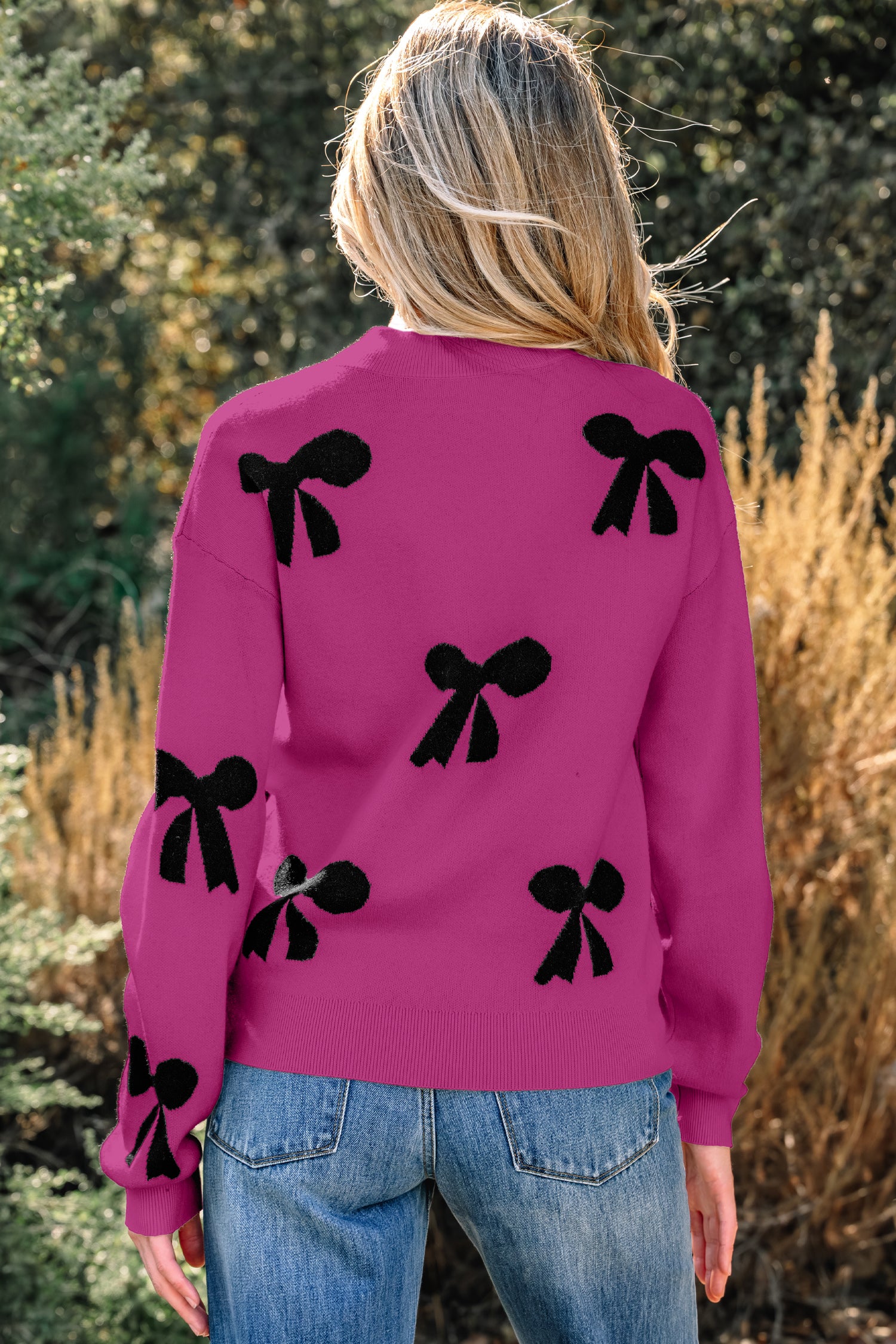 Bright Pink Pearl Embellished Bow Pattern Loose Sweater b29b7e19e703db19