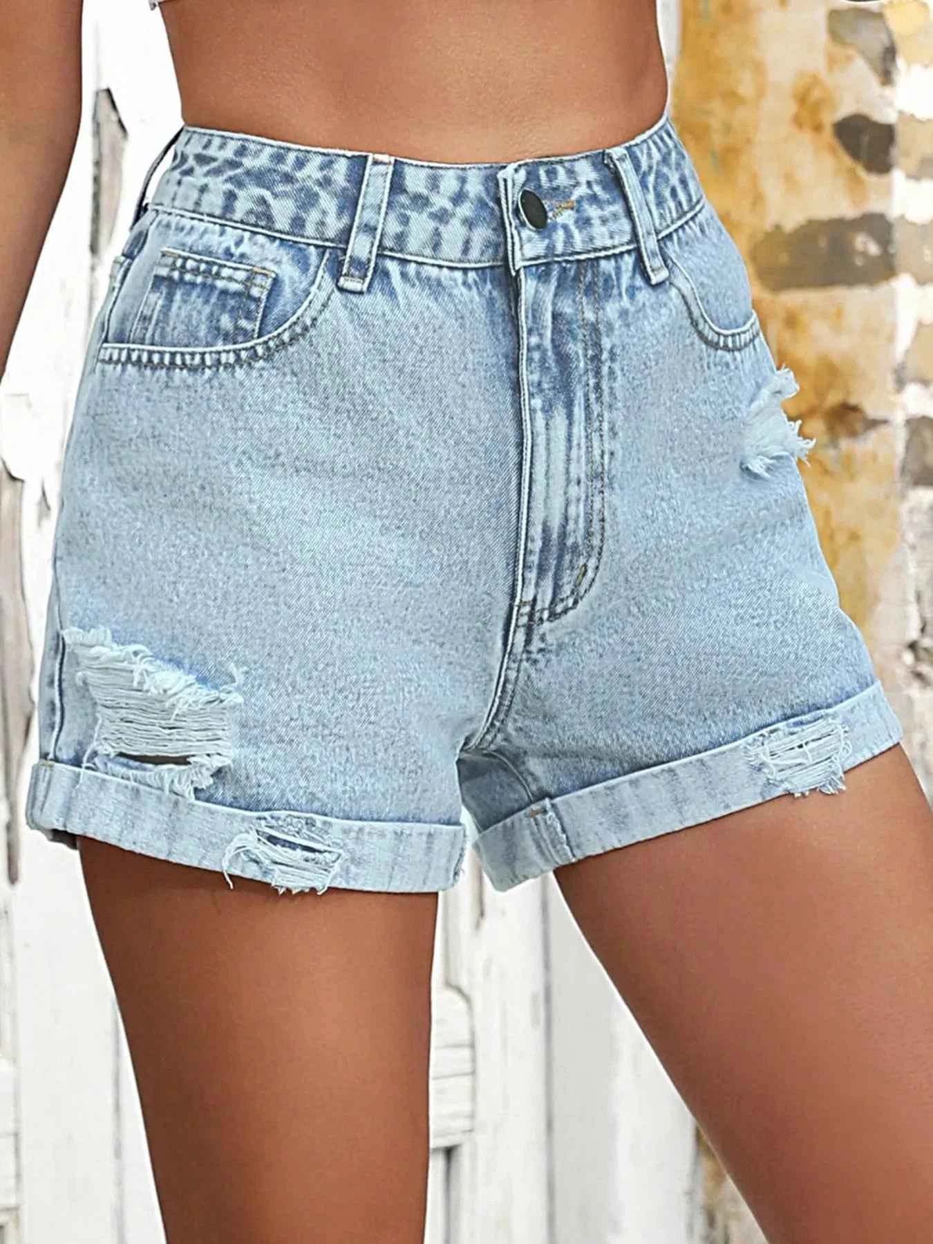 High-Waisted Distressed Denim Shorts b29fbcdd863b4c63b52e0316affc7cef-Max-Origin