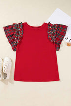Racing Red Plaid Pearl Ruffled Sleeve Knitted Christmas Holiday Plus Size Top b2a181246f47fa66