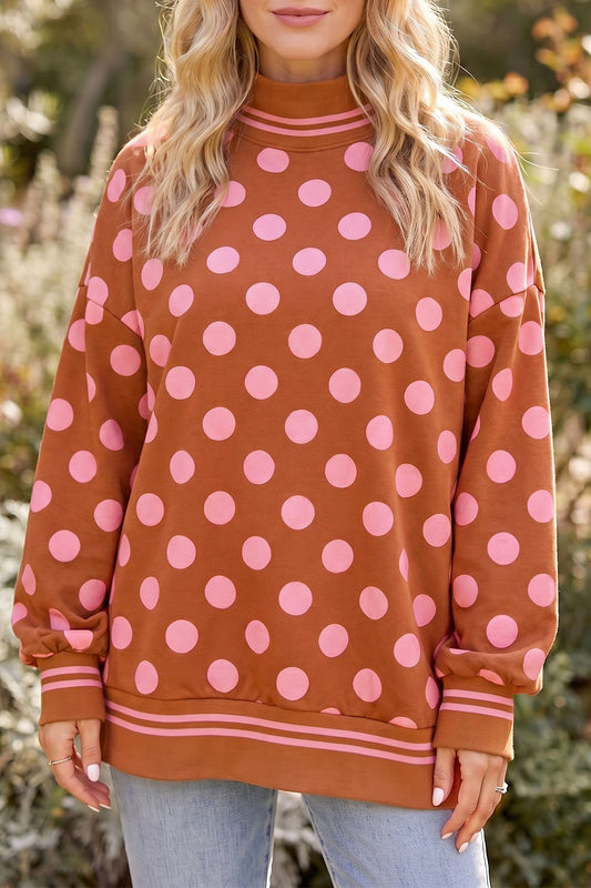 Pink ka Dot Striped Trim Mock Neck Sweatshirt Brown 100%Polyester b2a2c08851b17dcf