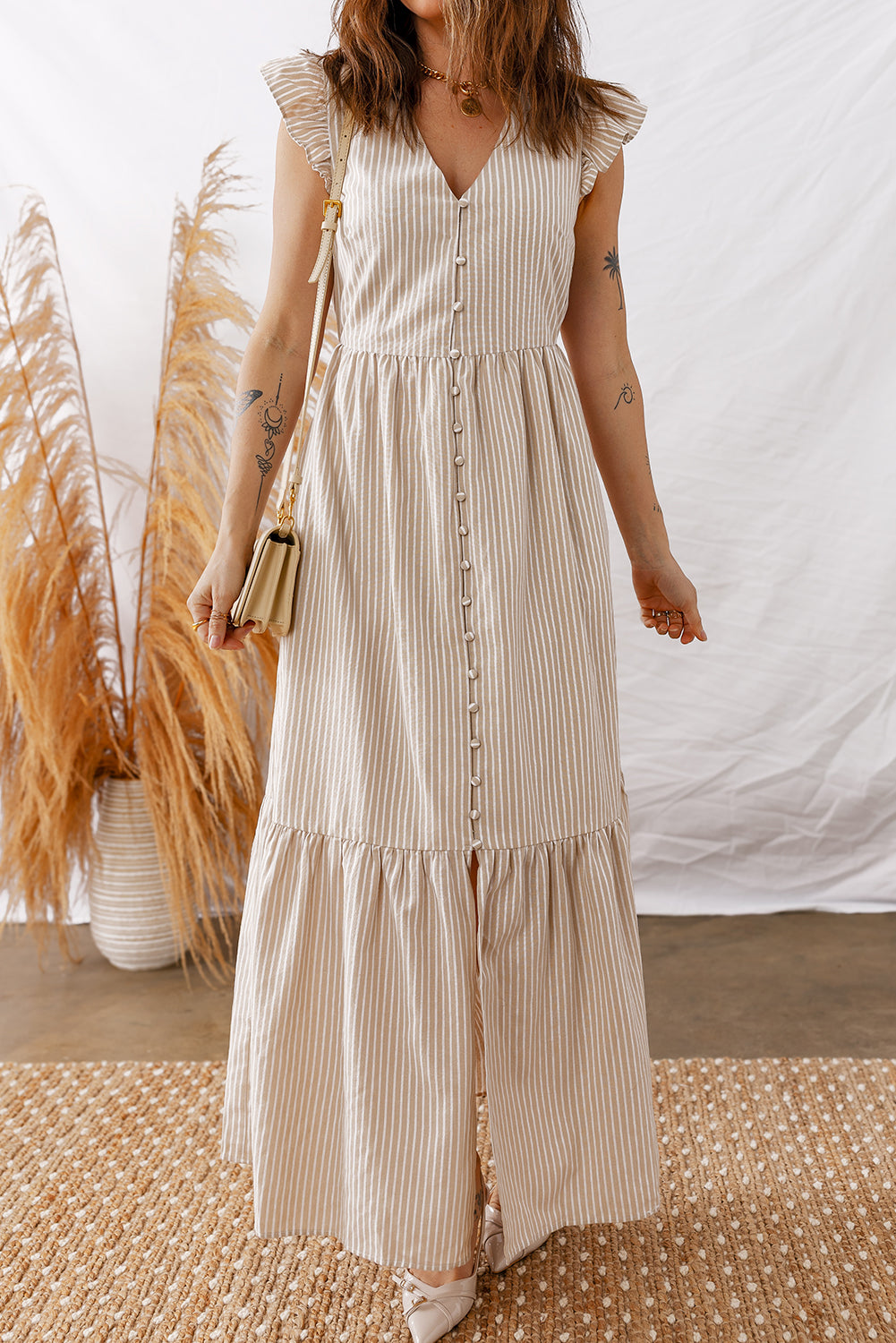Khaki Stripe Flutter Sleeve Buttoned Front Slit Maxi Dress b2a6d08d963ca7ef