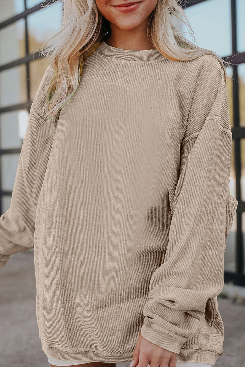 White Drop Shoulder Rib Knit Oversized Sweatshirt Smoke Gray 100%Polyester b2a9476df83ad5f6