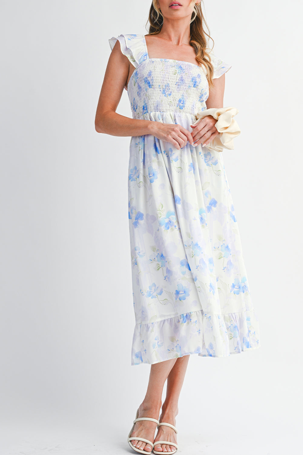 Sky Blue Floral Smocked High Waist Ruffle Sleeveless Long Dress b2a9aabc9b52c610
