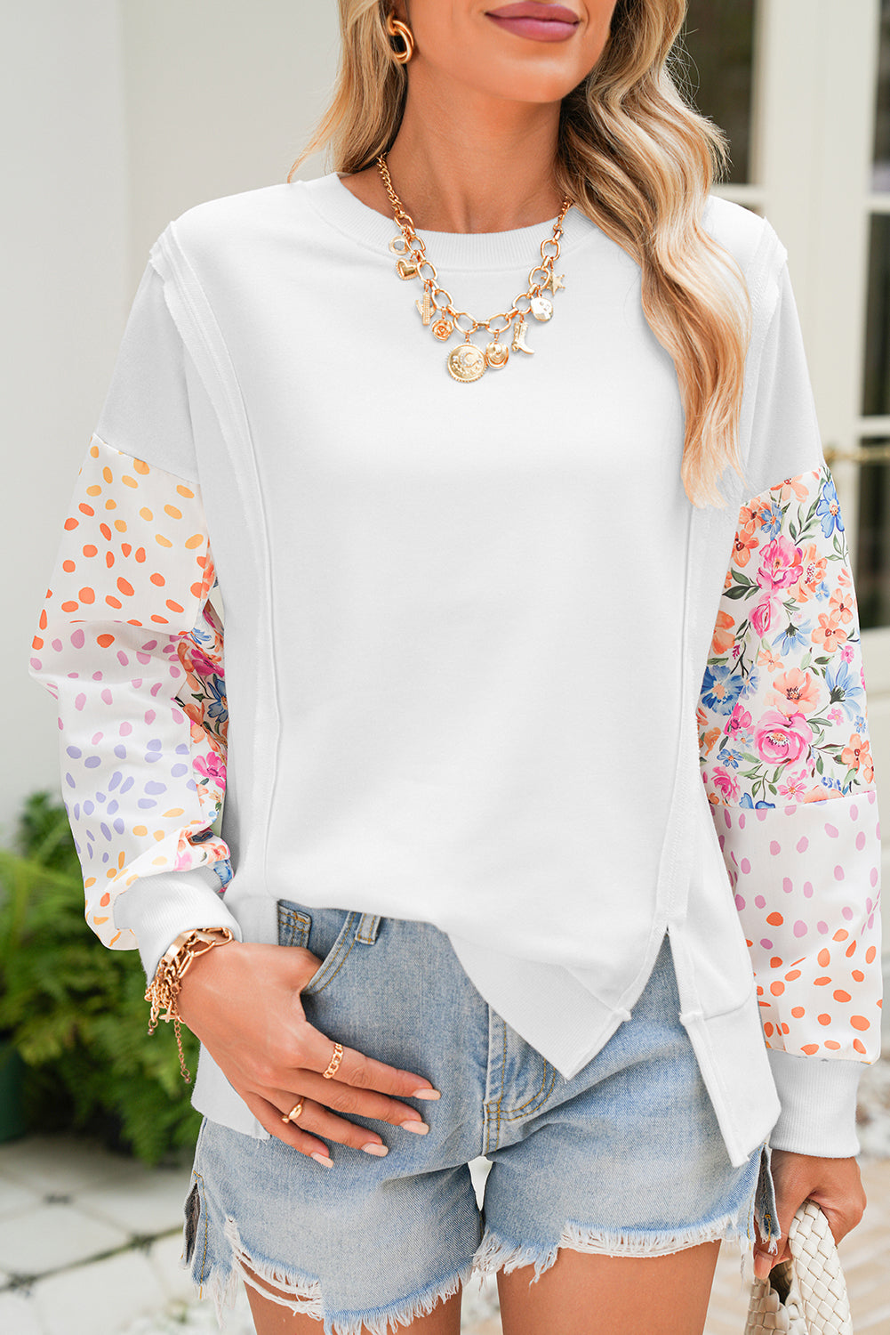 White Floral Dotted Print Patchwork Sleeve High Low Sweatshirt b2a9bb3bed4831eb