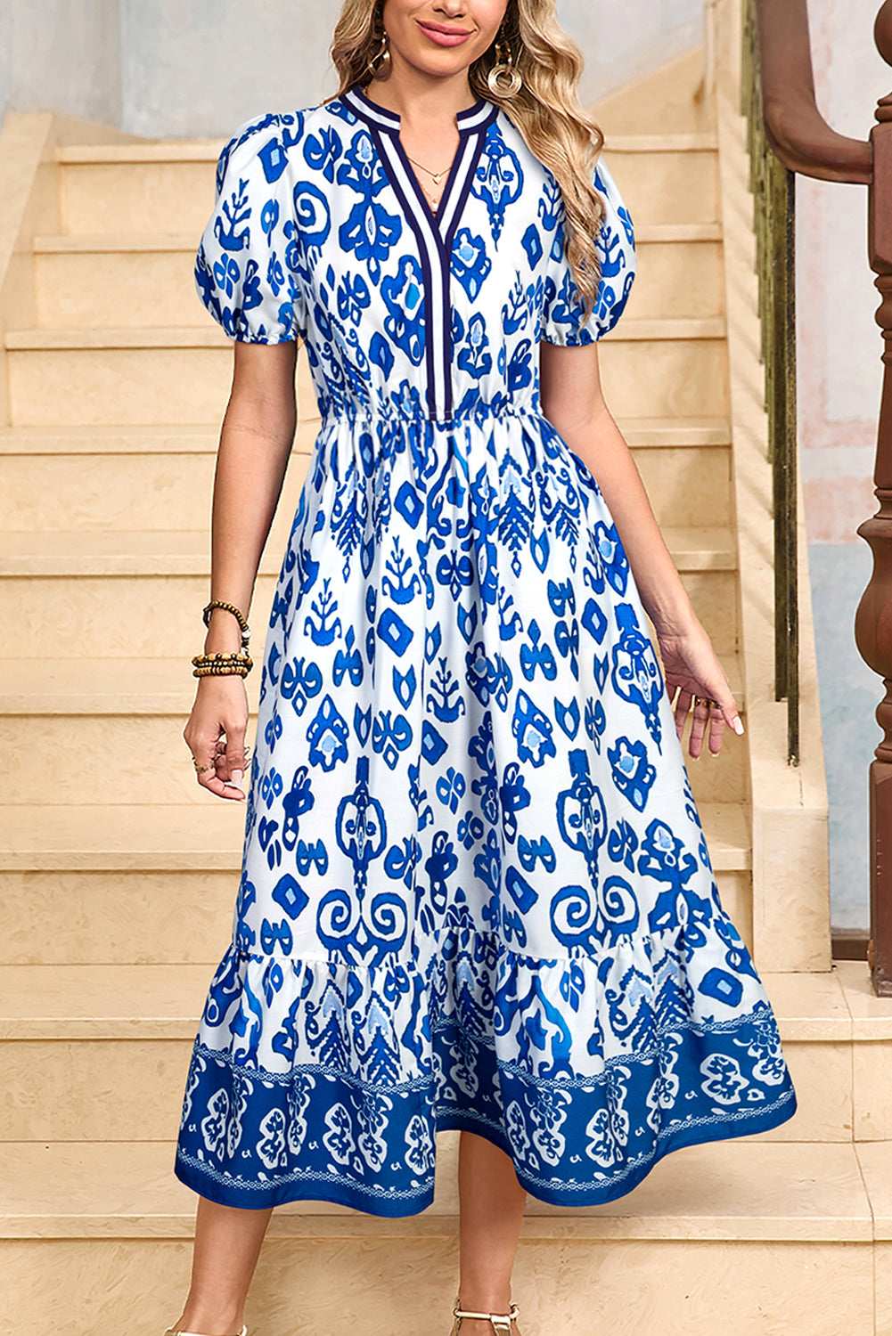Blue Floral Ruffle Hem Pop of Color Neckline Dress Blue b2aa6e51cb9a3ae4-_1