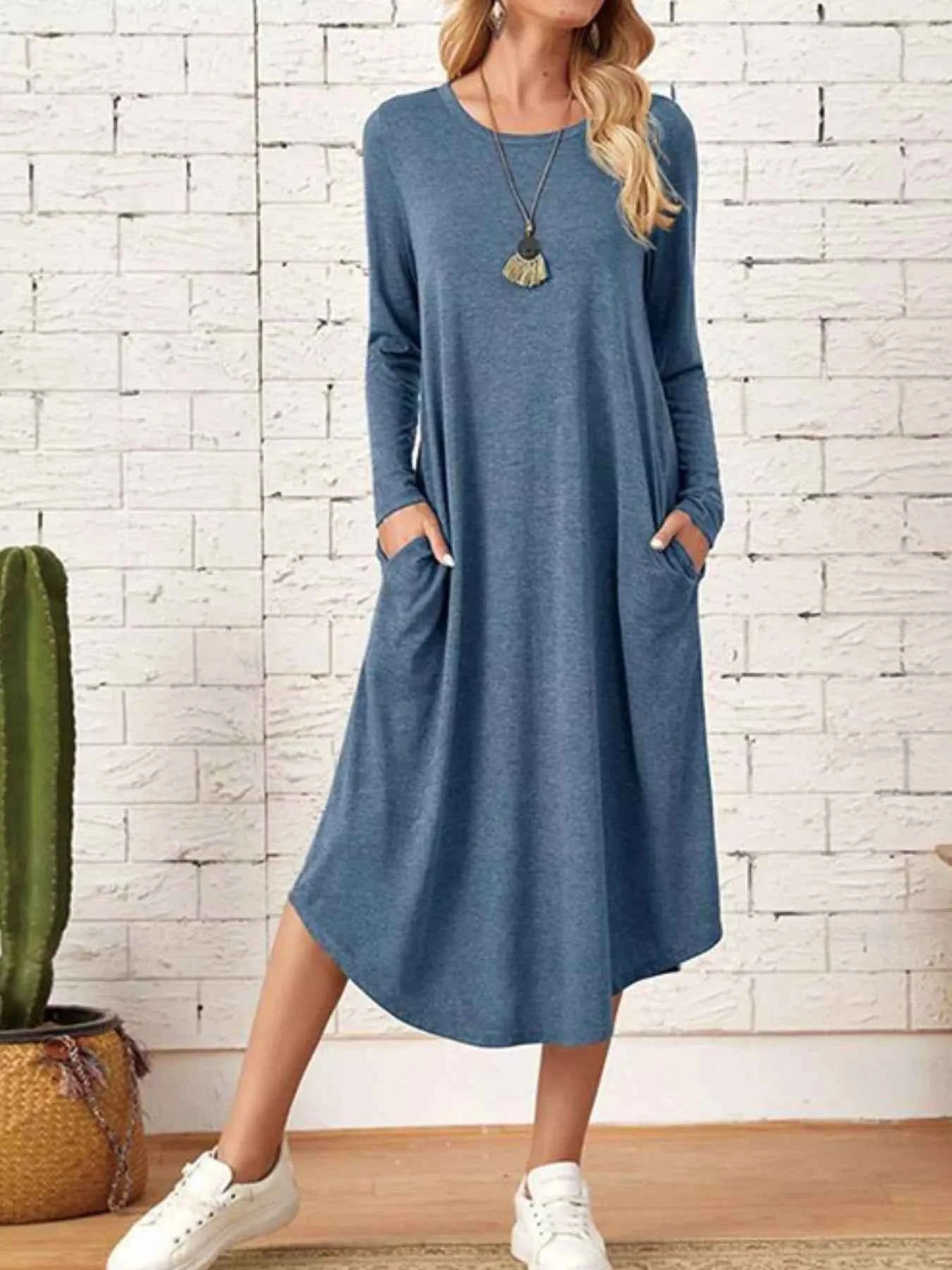 Casual Long Sleeve Pocket Midi Dress French Blue b2abe9e7-0674-4dff-b7d2-aa573fde6d74-Max-Origin