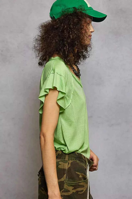 V-Neck Short Sleeve T-Shirt with Ruffle Sleeve b2ada46c-c86e-4fa8-8a6c-912670894afa-Max-Origin