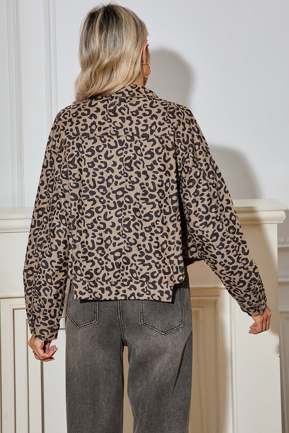 Dark Khaki Leopard Print Raw Hem Cropped Jacket b2b317941d436d55
