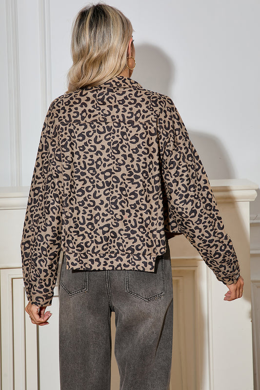 Dark Khaki Leopard Print Raw Hem Cropped Jacket b2b317941d436d55