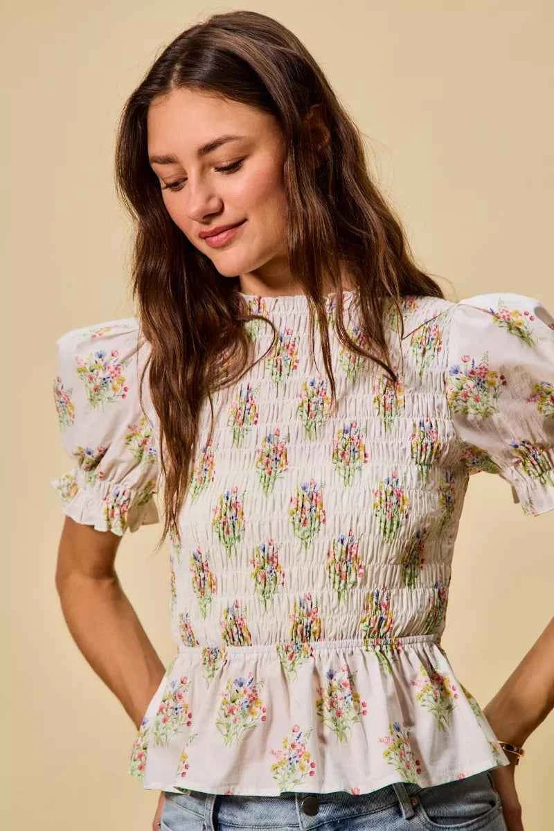 SO ME Floral Cotton Smocked Short Sleeves Blouse b2b379be652744b48b01a231259b7a9b-Max-Origin