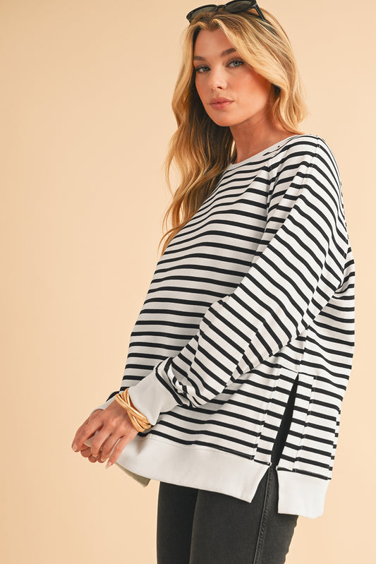 Black Stripe Raglan Sleeve Loose Split Sweatshirt b2b40024b0d6a841