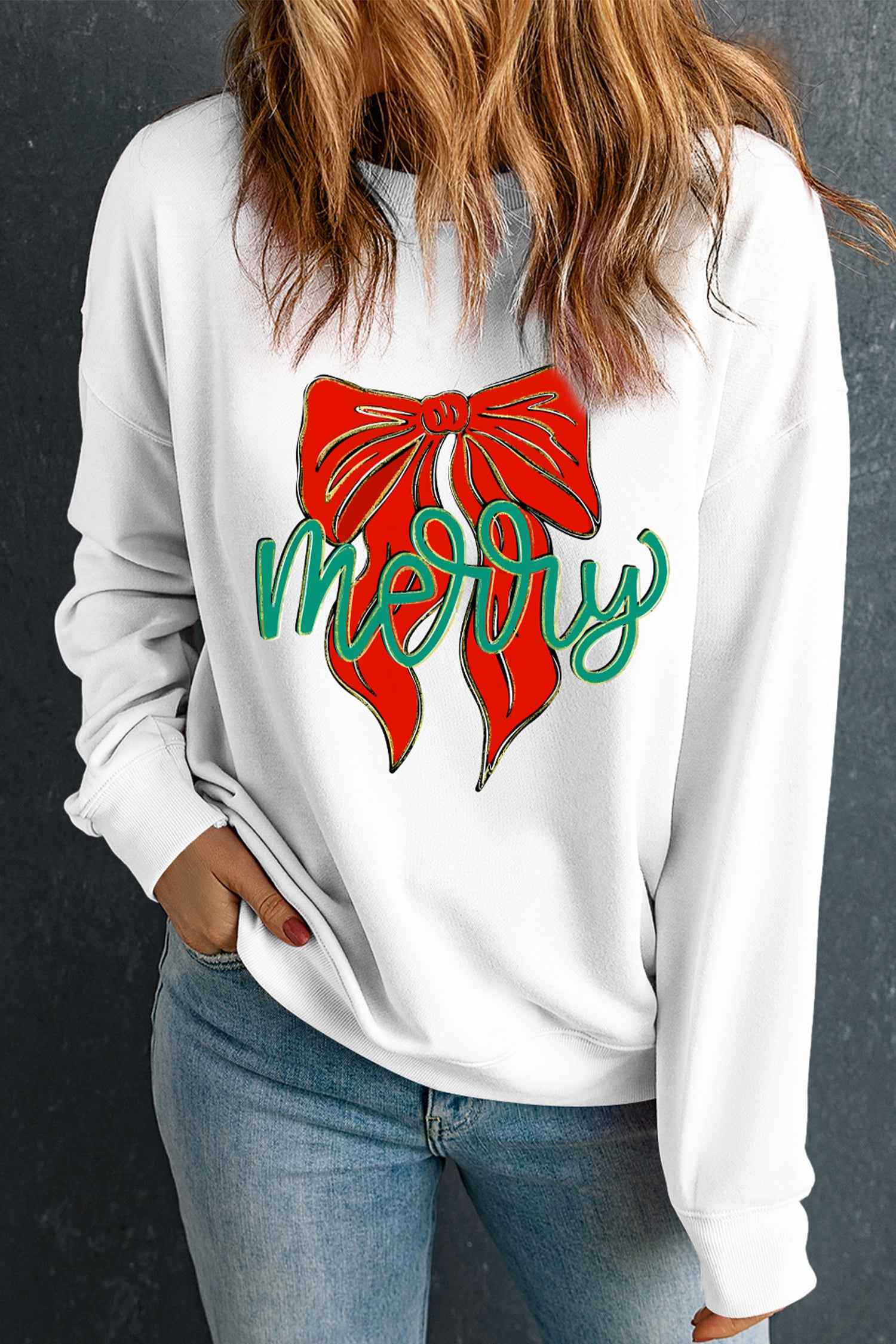 White merry Festive Bow Print Drop Shoulder Loose Pullover Sweatshirt b2b747a3b78eb211