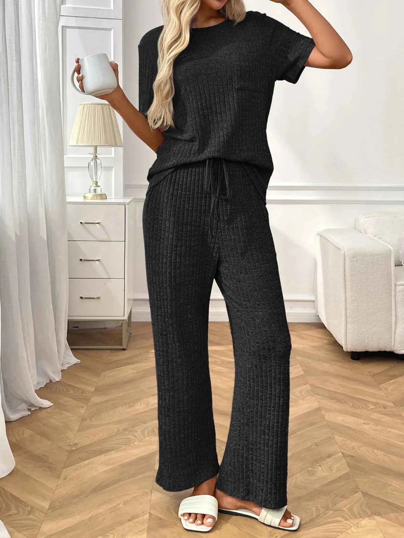 Ribbed Knit Short Sleeve Top and Pants Lounge Set Black Gray b2c4a6c0097e419fa48ffc64cc2cbeed-Max-Origin