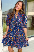 Blue Wild Daisy Floral Split Neck Short Puff Sleeve Mini Dress b2c98d99f00ad8cd