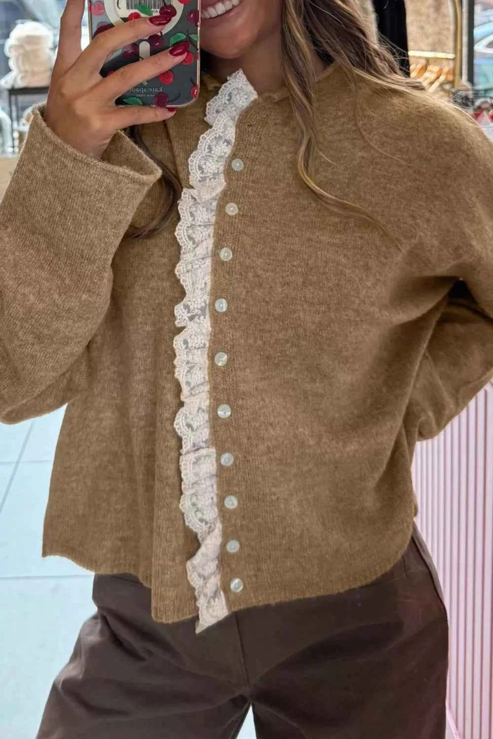 Lace Trim Button-Down Cardigan Taupe b2c9f303-a437-403e-b8fc-c6cb7cdf8496-Max-Origin