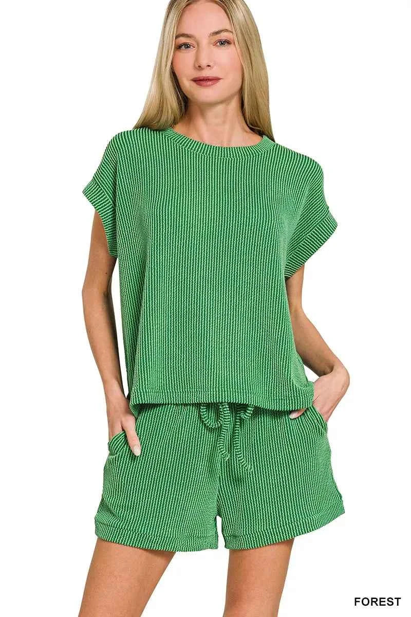 Zenana Raised Rib Cap Sleeve Top & Shorts Set FOREST b2d0253bf7514a2983d72b4bddc51a51-Max-Origin