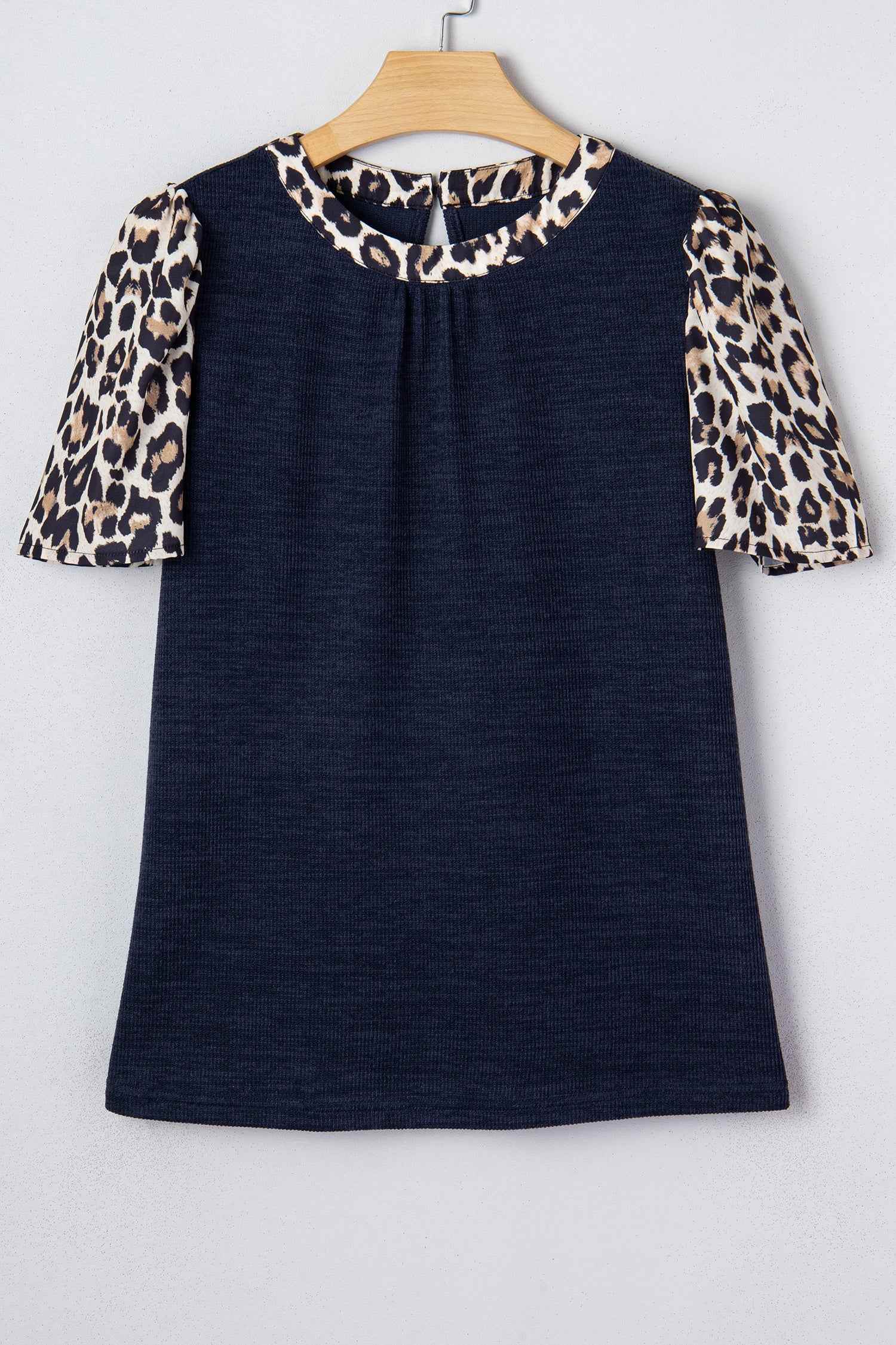 Navy Blue Ribbed Contrast Leopard Patchwork Short Sleeve Top b2d330796edca3ce