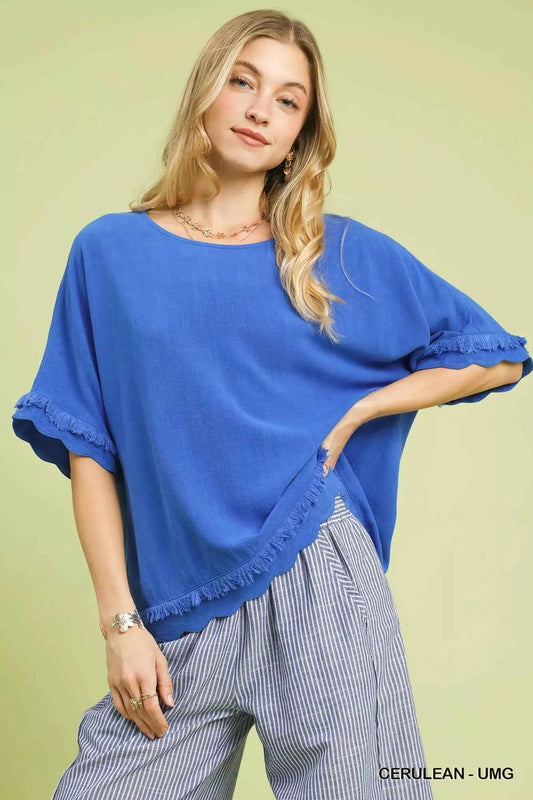 Linen Frayed Hem Scallop Edge Top CERULEAN-UMG b2d49cdc-888a-4b65-9fb6-98bba222ae19-Max-Origin