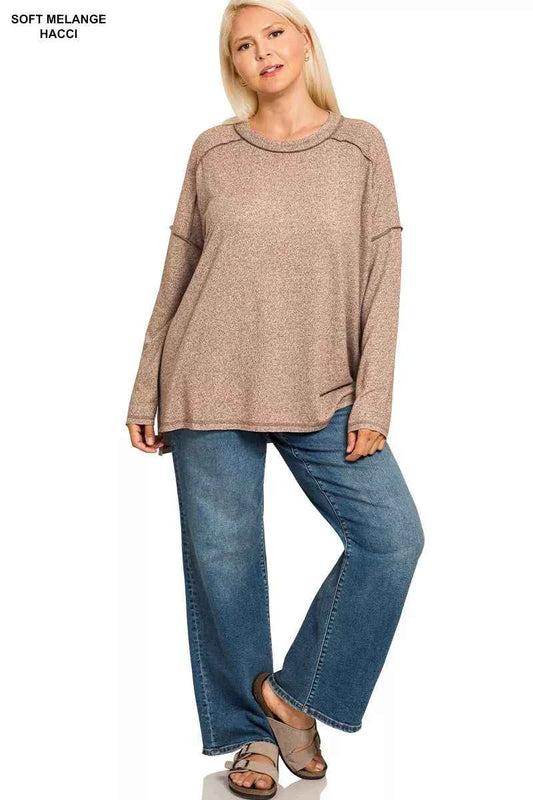Zenana Full Size Melange Hacci Exposed Seam Hi-low Tee Plus Size b2d4cea4-6c02-48b8-9516-b0b482881f61-Max-Origin