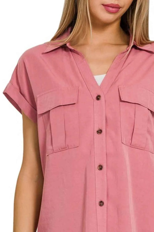 Tencel V-neck Collared Top W Front Flap Pockets b2d718a1-78de-401d-bf54-dcd1096bb46b-Max-Origin