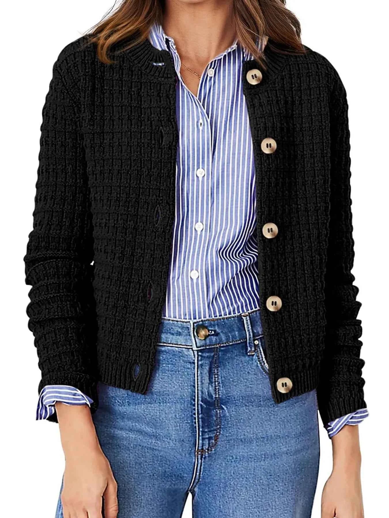 Textured Knit Button-Front Cardigan Black b2d79536cf8e47a8933d8ce51d90228c-Max-Origin