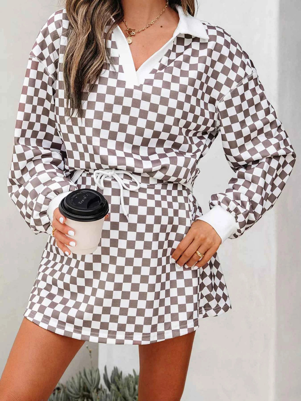 Checkered Print Polo Collar Cropped Long Sleeve Top and Drawstring Mini Skirt Set b2d7b5adfb364329bb0eee77511de080-Max-Origin