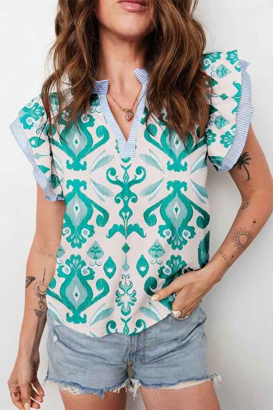 Boho Stripe Trim Flutter Sleeve Top b2d9ec2f-3d65-4155-b124-cc868f07ea9e