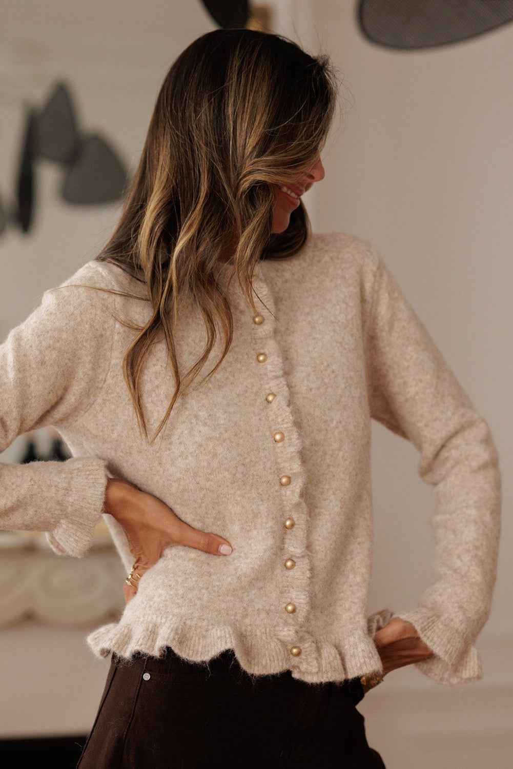 Oatmeal Ruffle Trim Gold Button Sweater Cardigan b2dacd10d8be4577