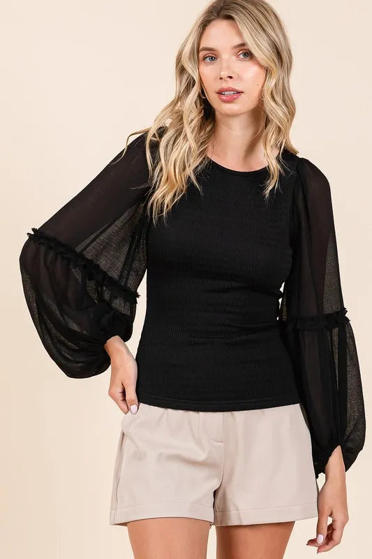 Mittoshop Mixed Media Textured Knit Chiffon Long Sleeve Top b2debb99-2087-4ffb-b0f0-7e7b960b8f06-Max