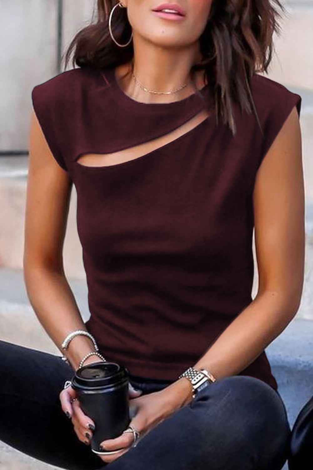 Red Solid Slash Cutout Summer Sleeveless Top Red b2e2ae4193aadb66