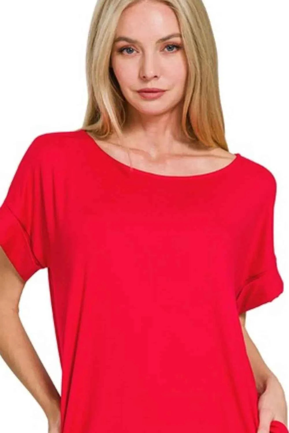 Zenana Rolled Short Sleeve Round Neck Dress b2e2cd28-c016-4996-8539-3fbda9ec9cdc-Max-Origin