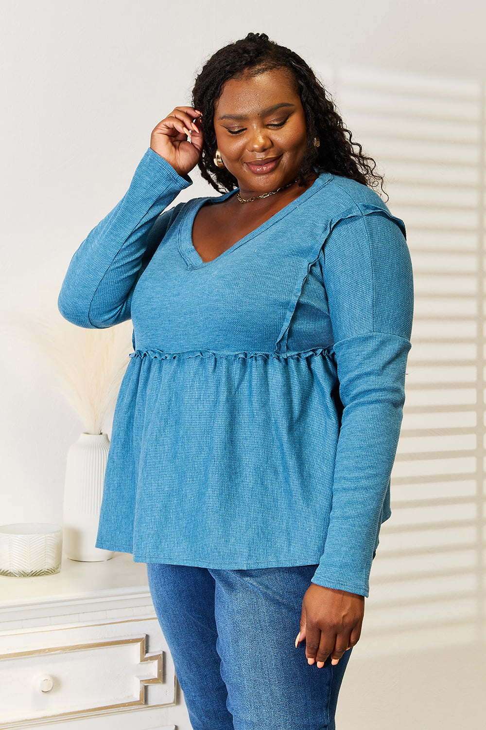 Jade By Jane Full Size Frill Trim Babydoll Blouse b2e32653a22a45b7b4f68b1d9e5ca14c-Max