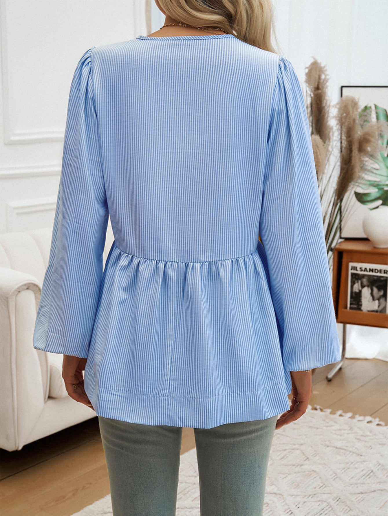 Sky Blue Striped Bow Tie Front Peplum Shirt b2ef94e89af1fb65