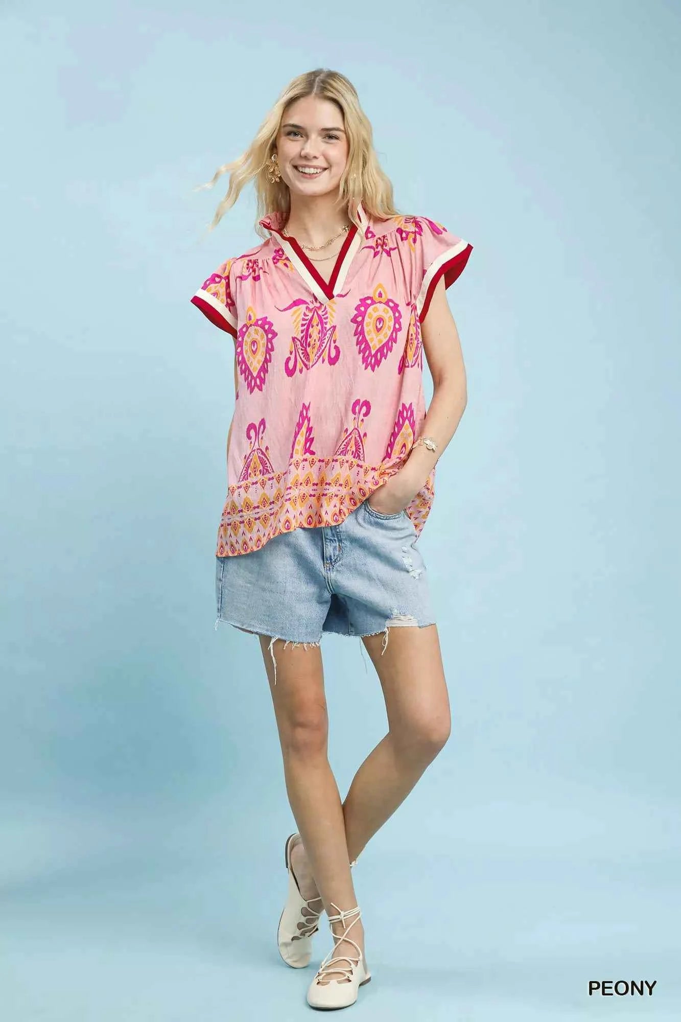Umgee Border Print Split-Neck Boho Top b2f0c26a-afab-49e5-8733-3536cc65f20f-Max-Origin