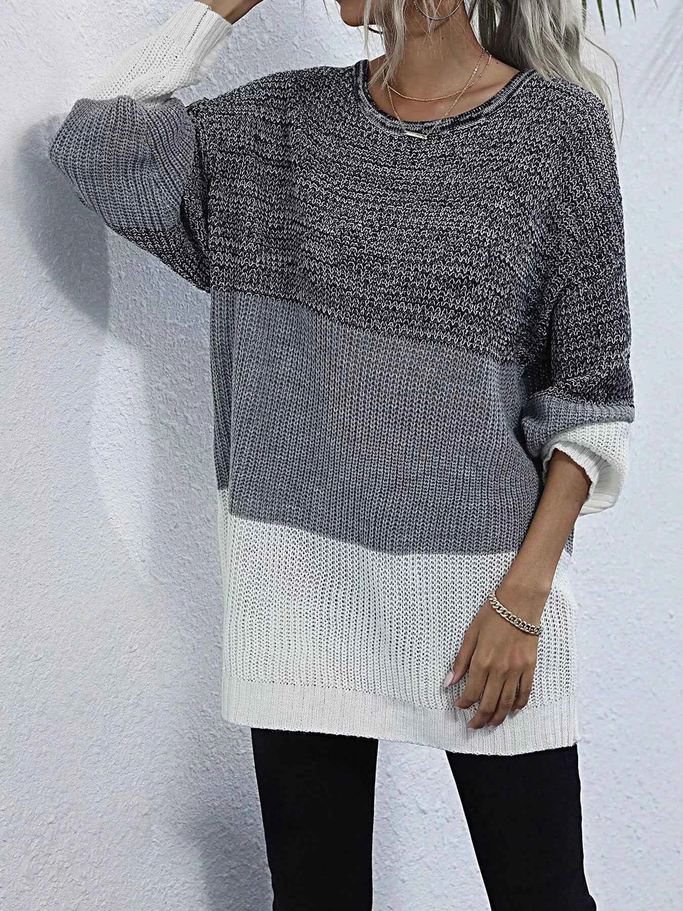 Color Block Round Neck Oversized Sweater b2f205869416439581aeb959733a78da-Max-Origin