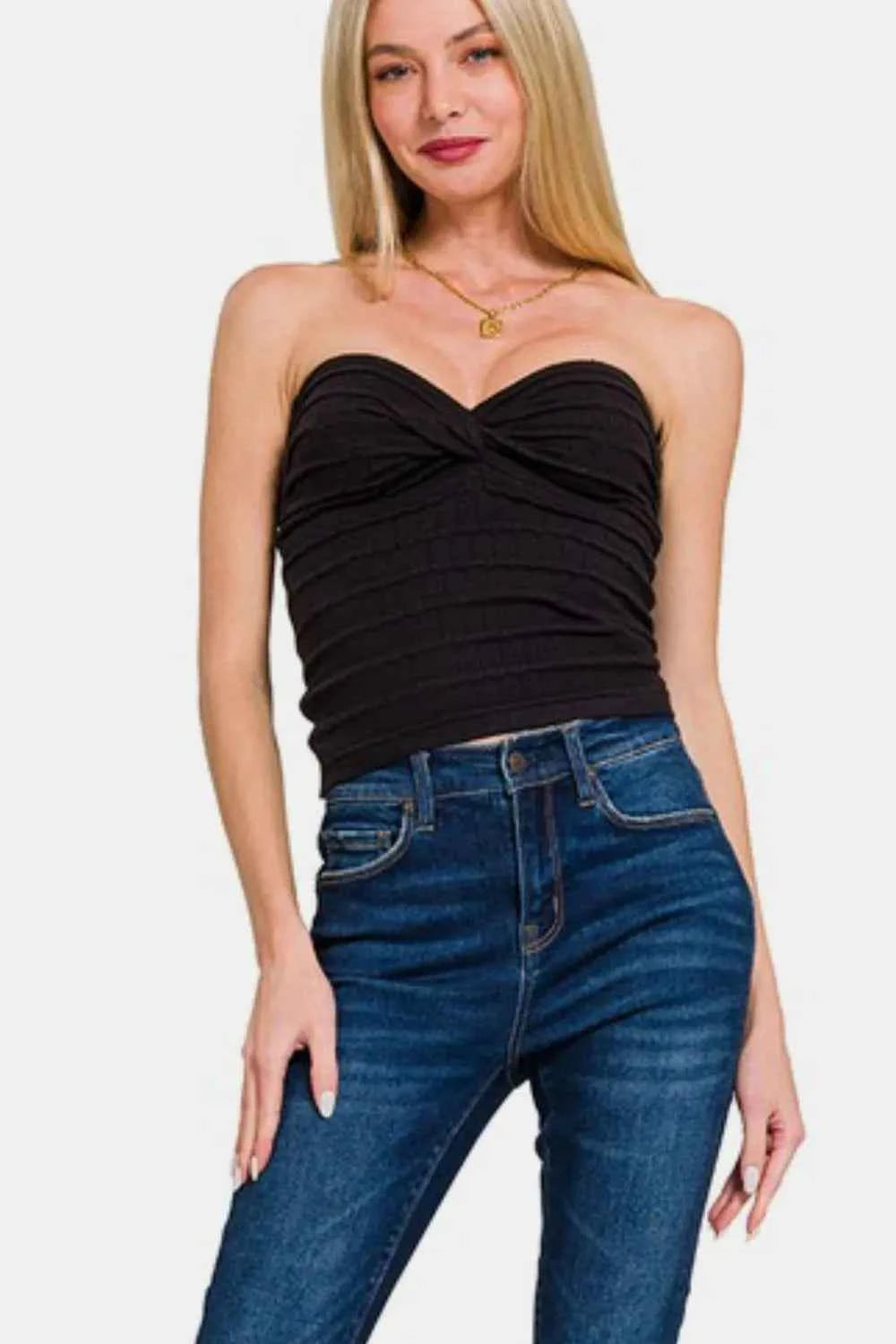 Zenana Ruched Twisted Sweetheart Neck Top b2f3c743-981d-4cfc-8a5d-652934e9cebc-Max