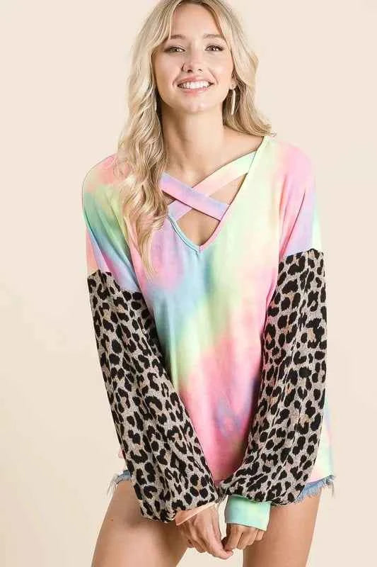 Tie Dye Terry Top with Leopard Puff Sleeves b2f6fd8d9e4543978b9e3419bf7a7929-Max-Origin