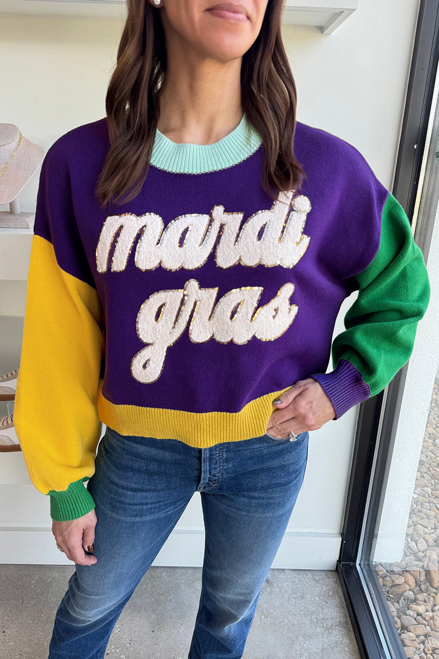 Tillandsia Purple Colorblock Patchwork Fuzzy Mardi Gras Graphic Sweater Tillandsia Purple 52%Viscose+26%Polyester+22%Polyamide b2f8db16e2d84f60