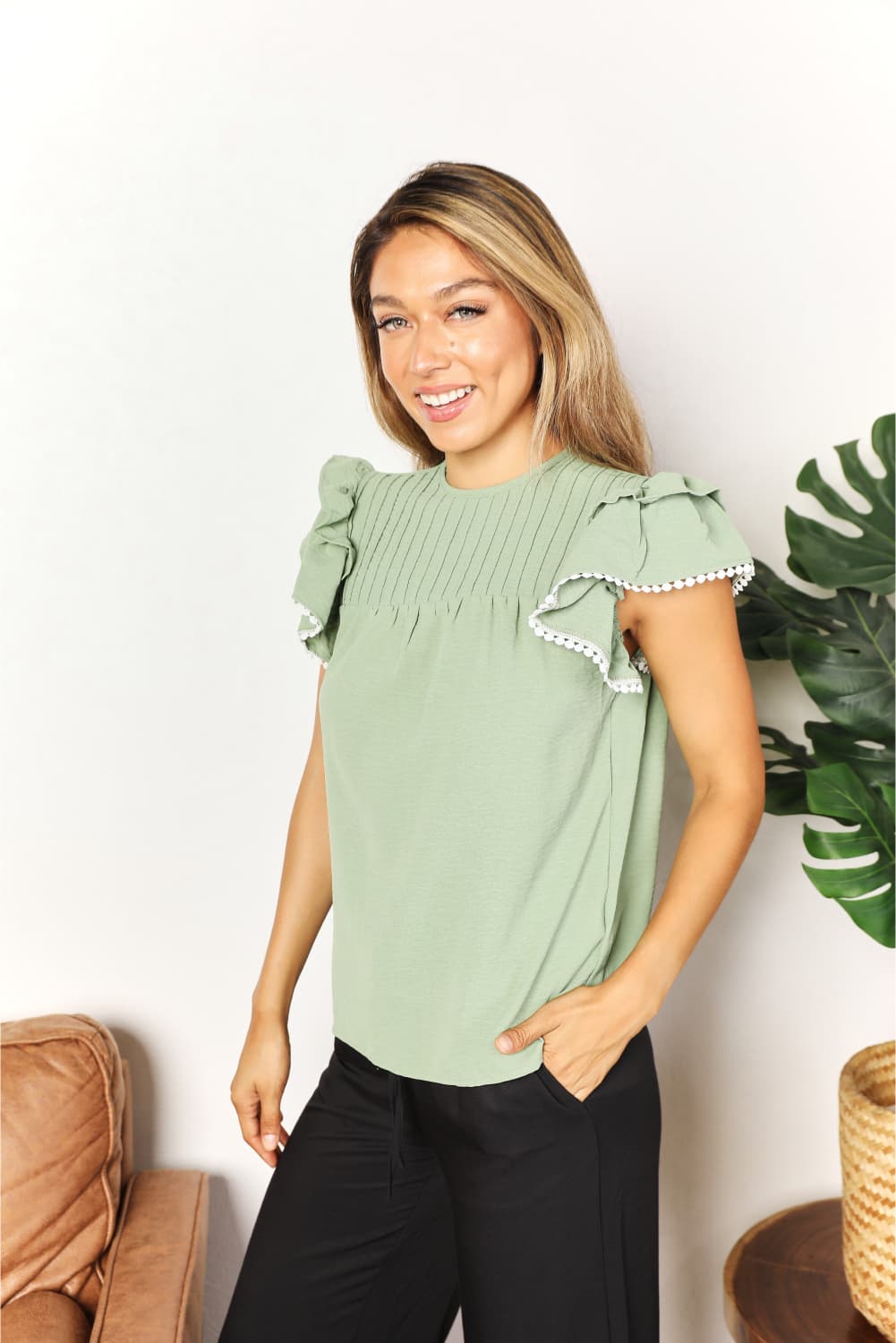 Perfee Pleated Detail Flutter Sleeve Blouse b2f946a6307f40aea05bf1562452ba65-Max