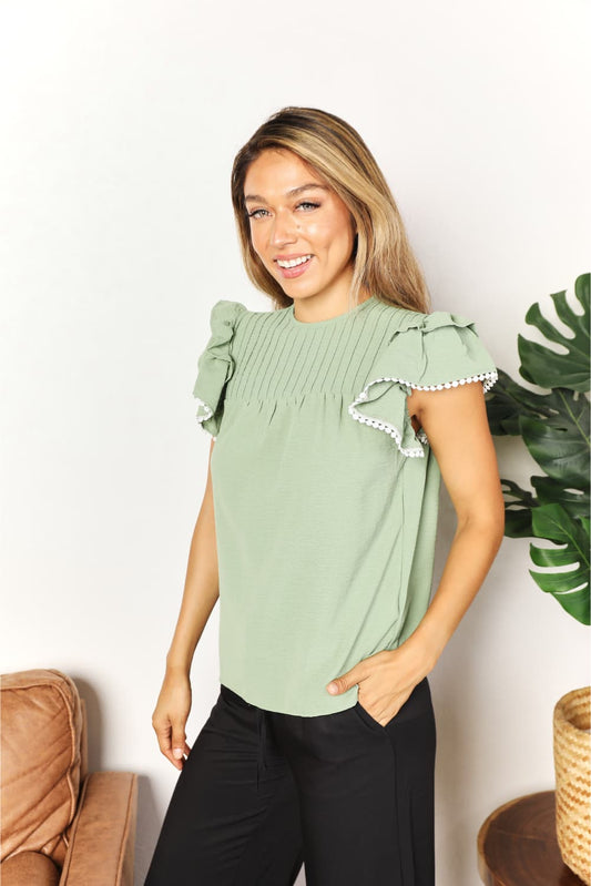 Perfee Pleated Detail Flutter Sleeve Blouse b2f946a6307f40aea05bf1562452ba65-Max