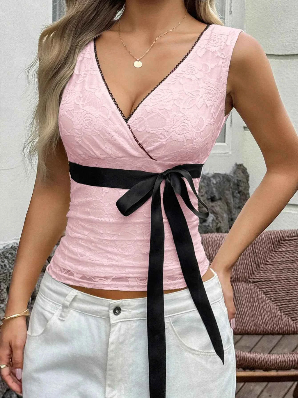 Lace Surplice Ribbon Tie Tank Blush Pink