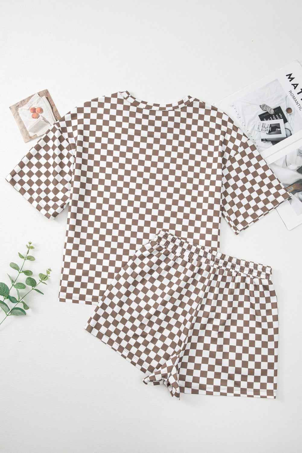 Brown Checkered Top and Drawstring Shorts Pajama Set b3005a80128127dc