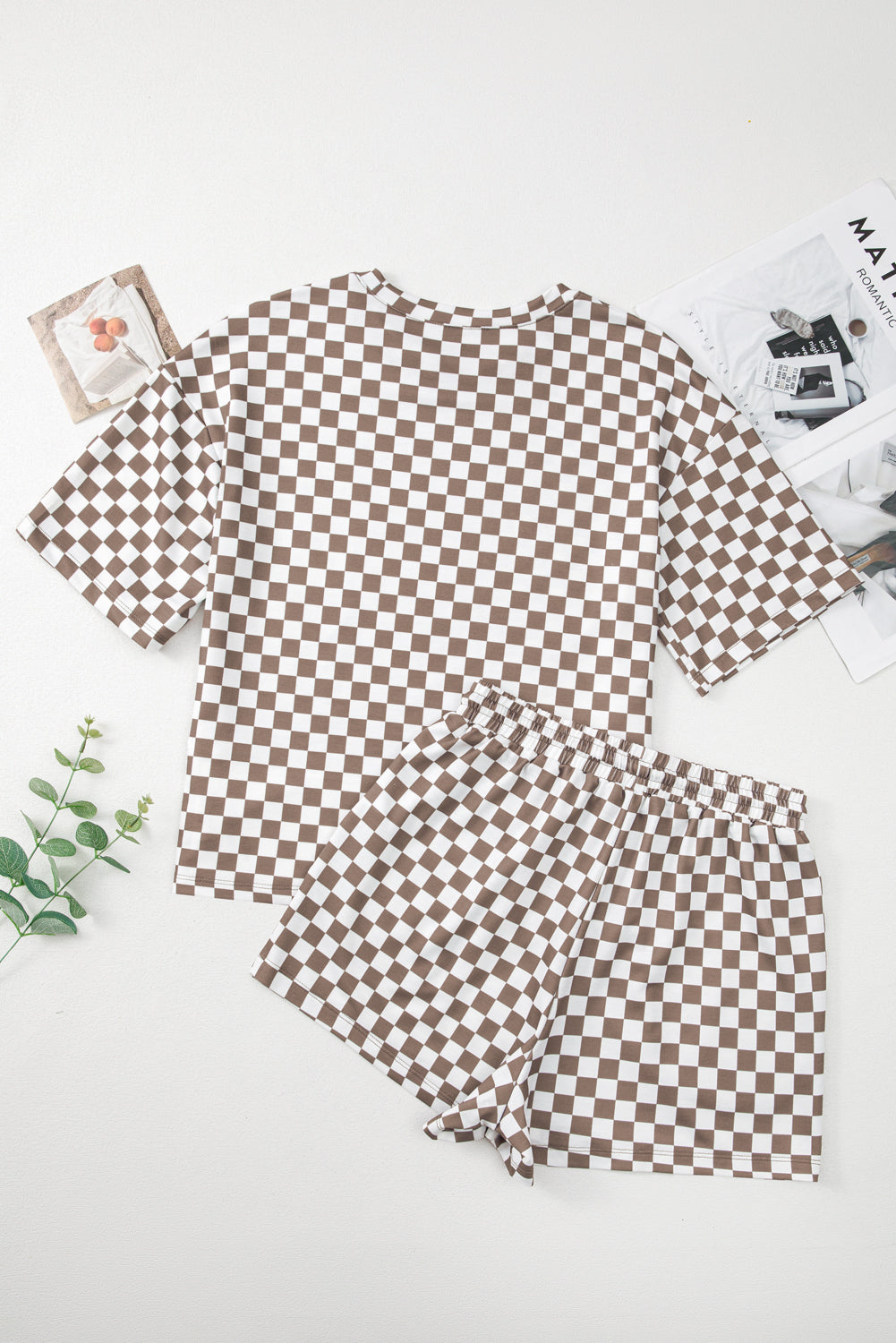 Brown Checkered Top and Drawstring Shorts Pajama Set b3005a80128127dc_d1c4cc08-f08e-4093-864d-db083c6797e1